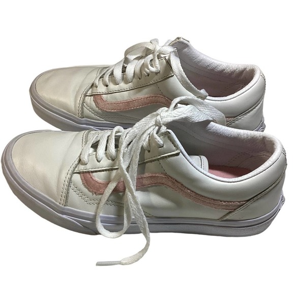Vans Shoes - White leather vans  with pink velvet side stripe